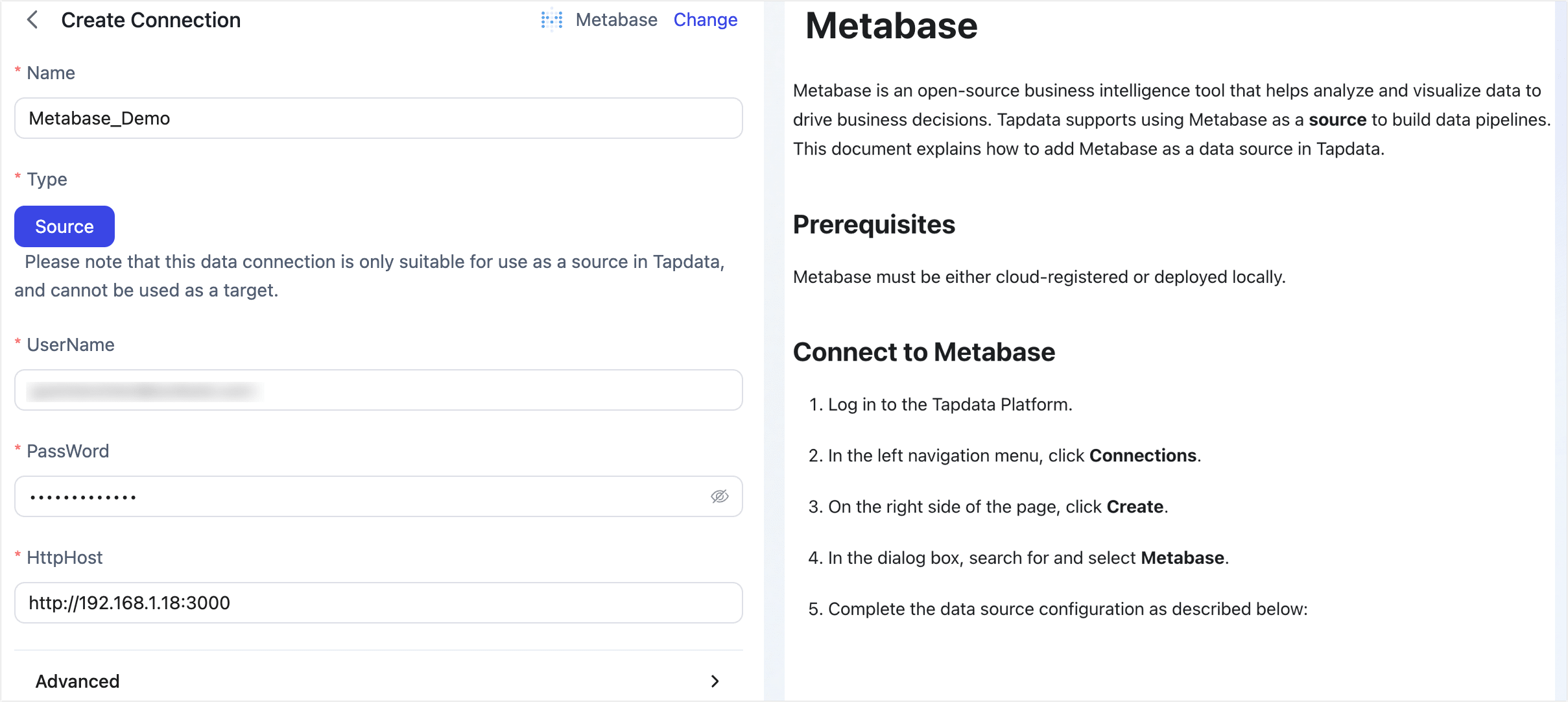 Metabase Connection Example