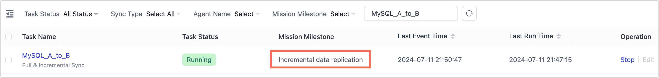 Forward sync task enters incremental data replication state