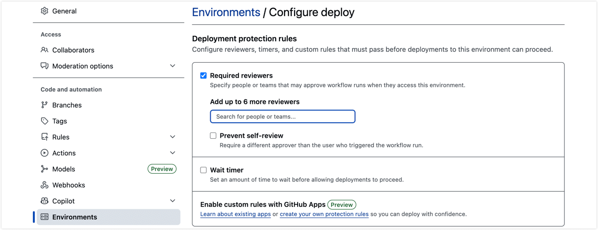 Configure GitHub Environment required reviewers