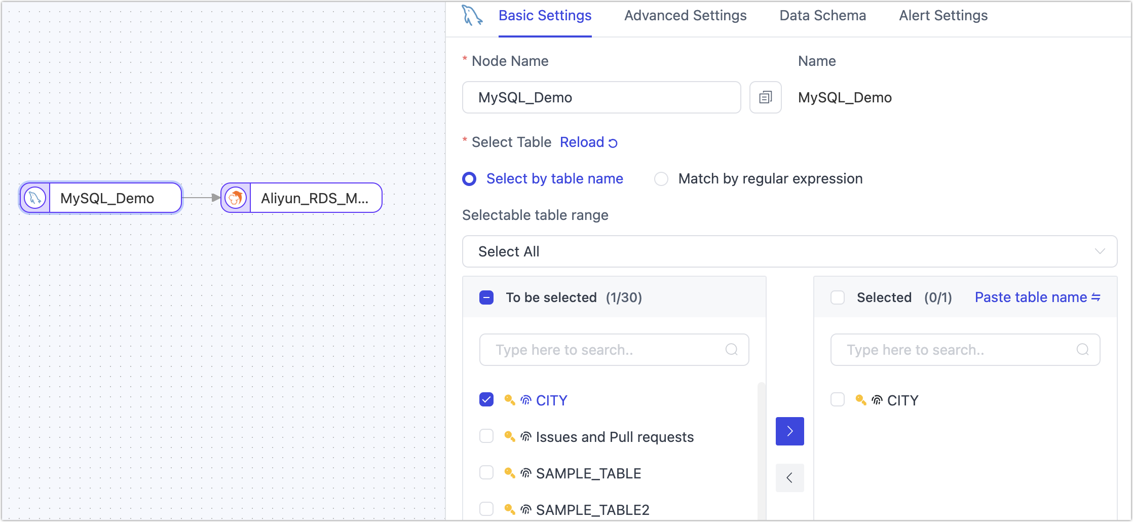 Select tables to synchronize