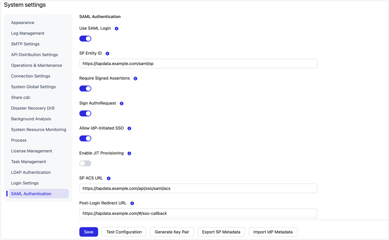 SAML authentication settings
