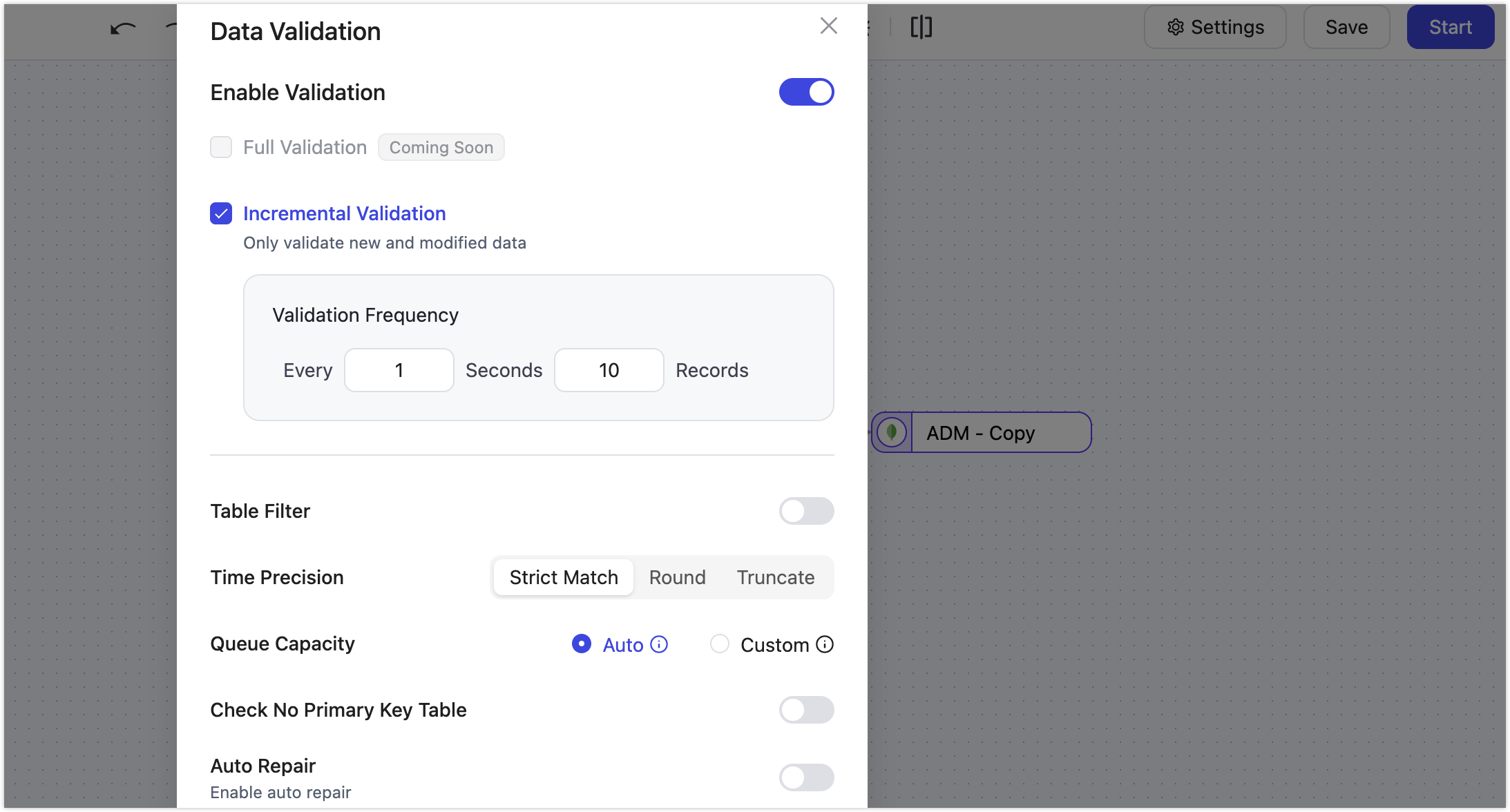 Incremental Validation Settings