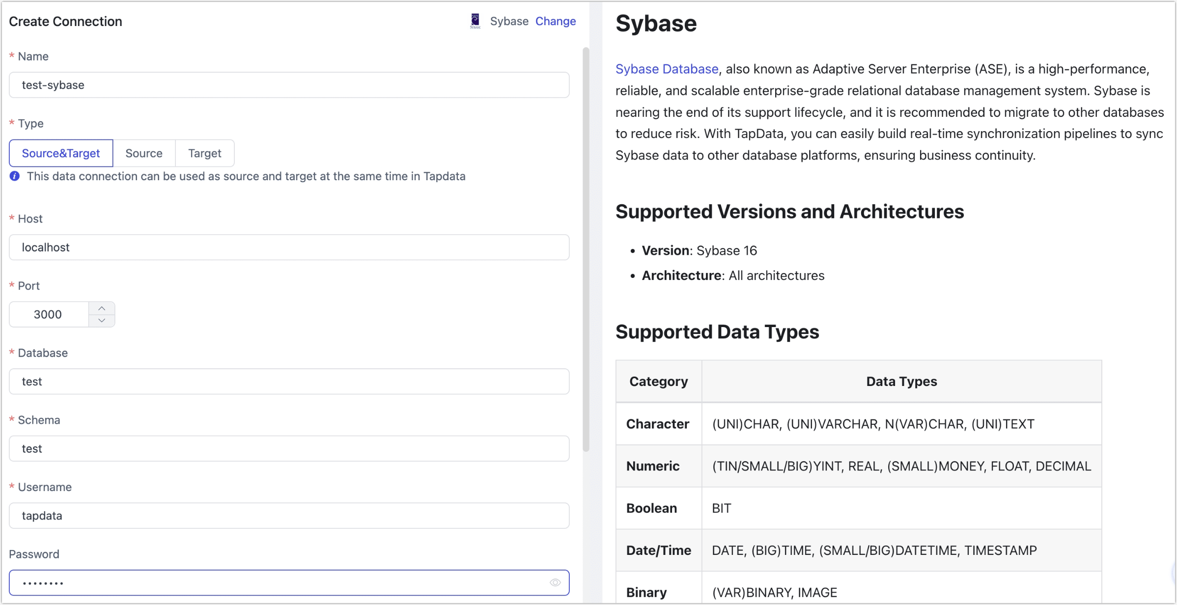 Sybase Connection Settings